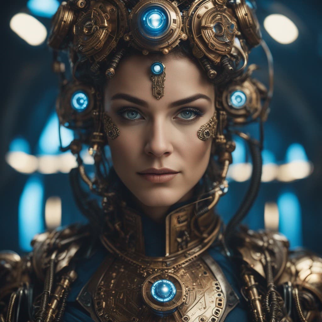 AI generated: Full-body cyborg portrait with detailed, symmetric face. Steampunk and cyberpunk influences, bronze ...