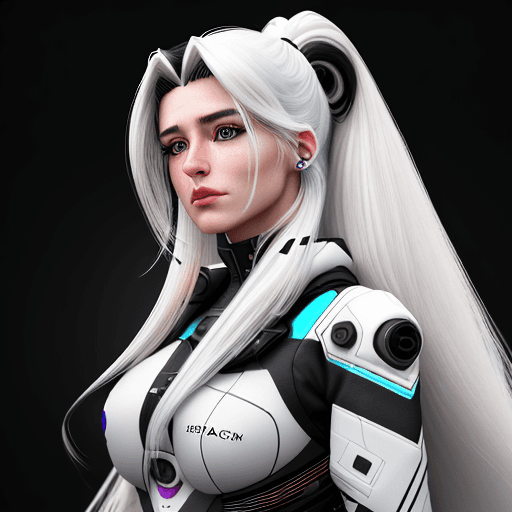 AI generated: Photo of a ultra realistic woman with white hiar and black streaks, 25 years old, in far future, 8k,