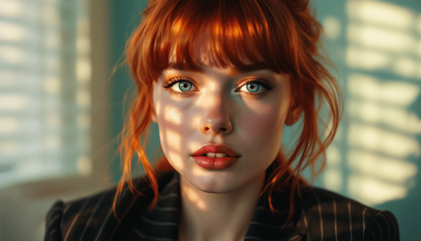 AI generated: Close-up portrait of a 20-year-old redhead woman with bangs, illuminated by the soft, warm afternoon...