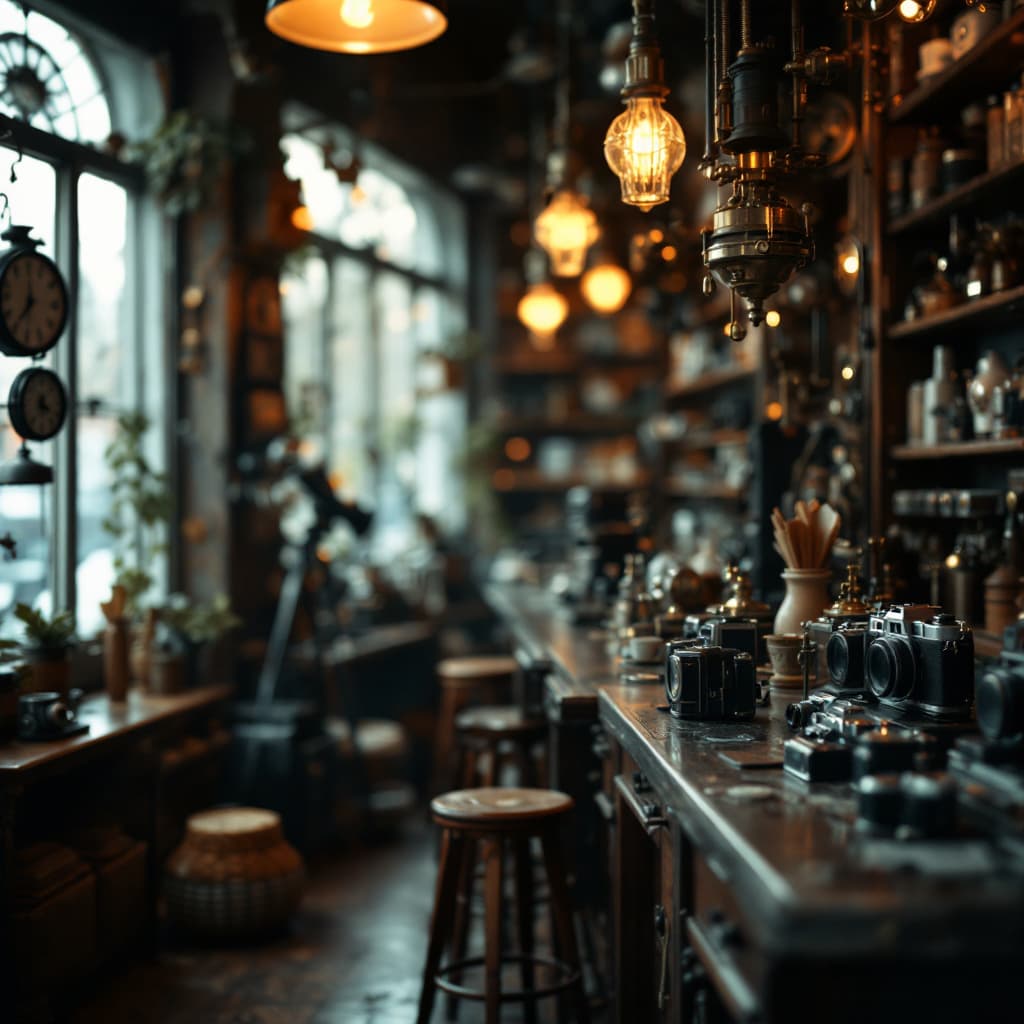 AI generated: generate a unique image, interior close-up tilt focus photo camera store interior tilt focus, bokeh,...