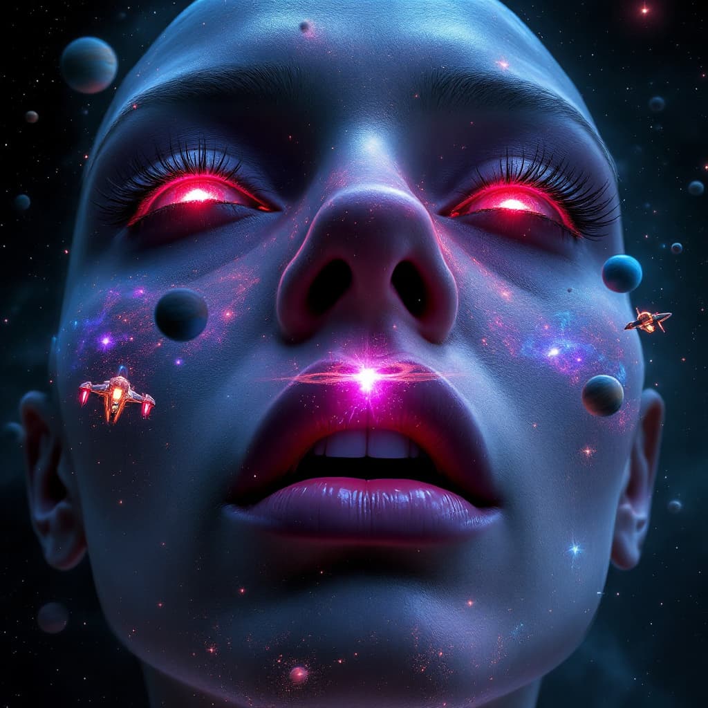 AI generated: close up of an enormous giantess floating in space's nostrils, minuscule galaxy in front of her mout...