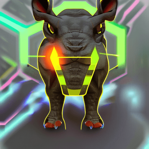 AI generated: A Digital Rhino with glowing eyes and a yellow horn, virbrant, esport, with smoke coming out of his ...