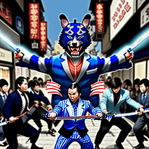 AI generated: 3 headed samurai dog in a blue and white striped blazer, doing battle with a samurai sword against a...
