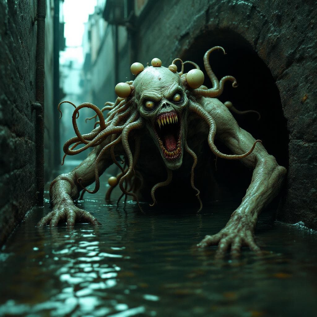 AI generated: A grotesque, surreal creature emerging from a dark, damp sewer, combining human and monstrous featur...