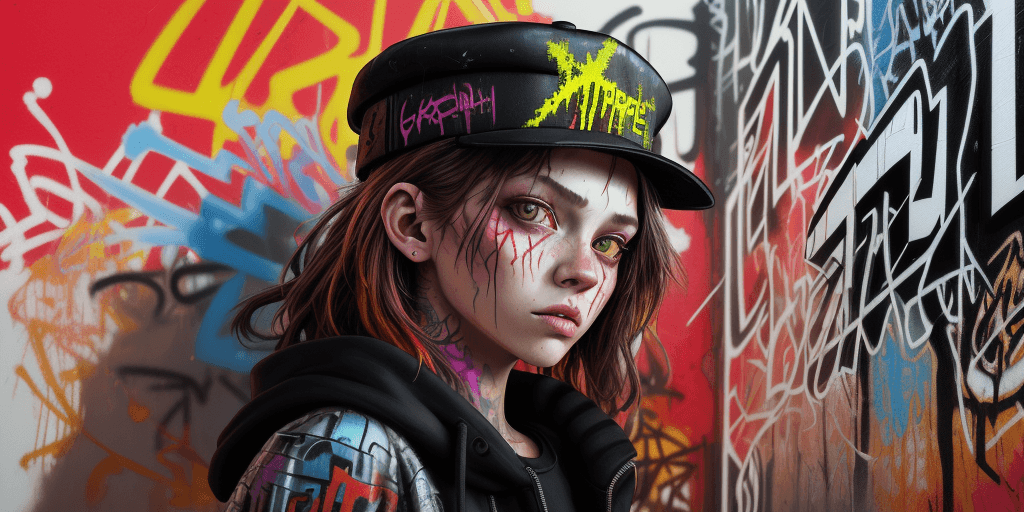 AI generated: close up, full color painting wall,standing cyberpunk 15 yo girl,(looking at viewer:1.5),Porkpie hat...
