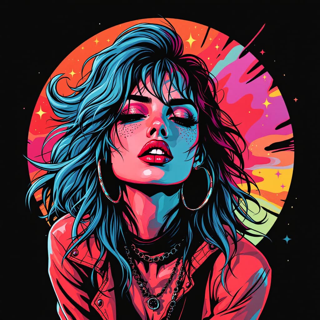 AI generated: A female 80's rocker , in the art style of Graphic Pens