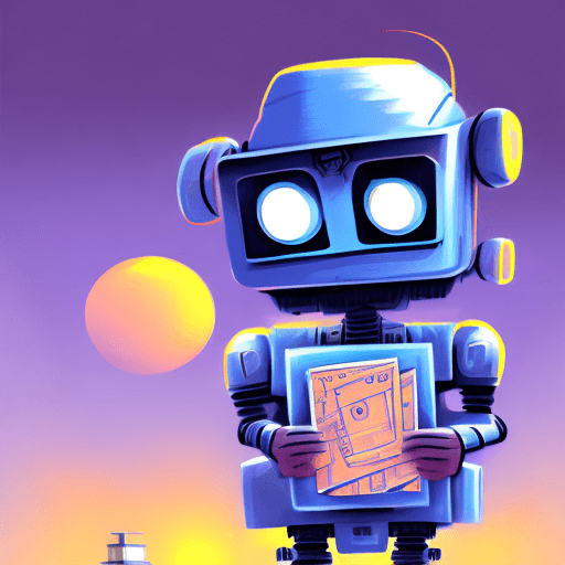 AI generated: Illustration of cute robot holding building blueprints+. high contrast, digital painting, sunset-, b...