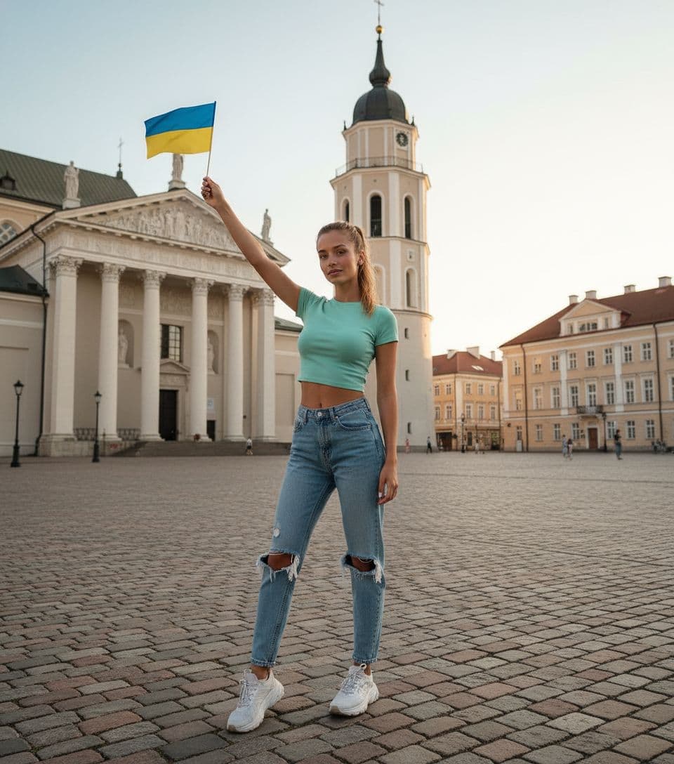 AI generated: 22-year-old 5 foot 7 Spanish girl, standing. stands in Vilnius Old Town against the backdrop in the ...