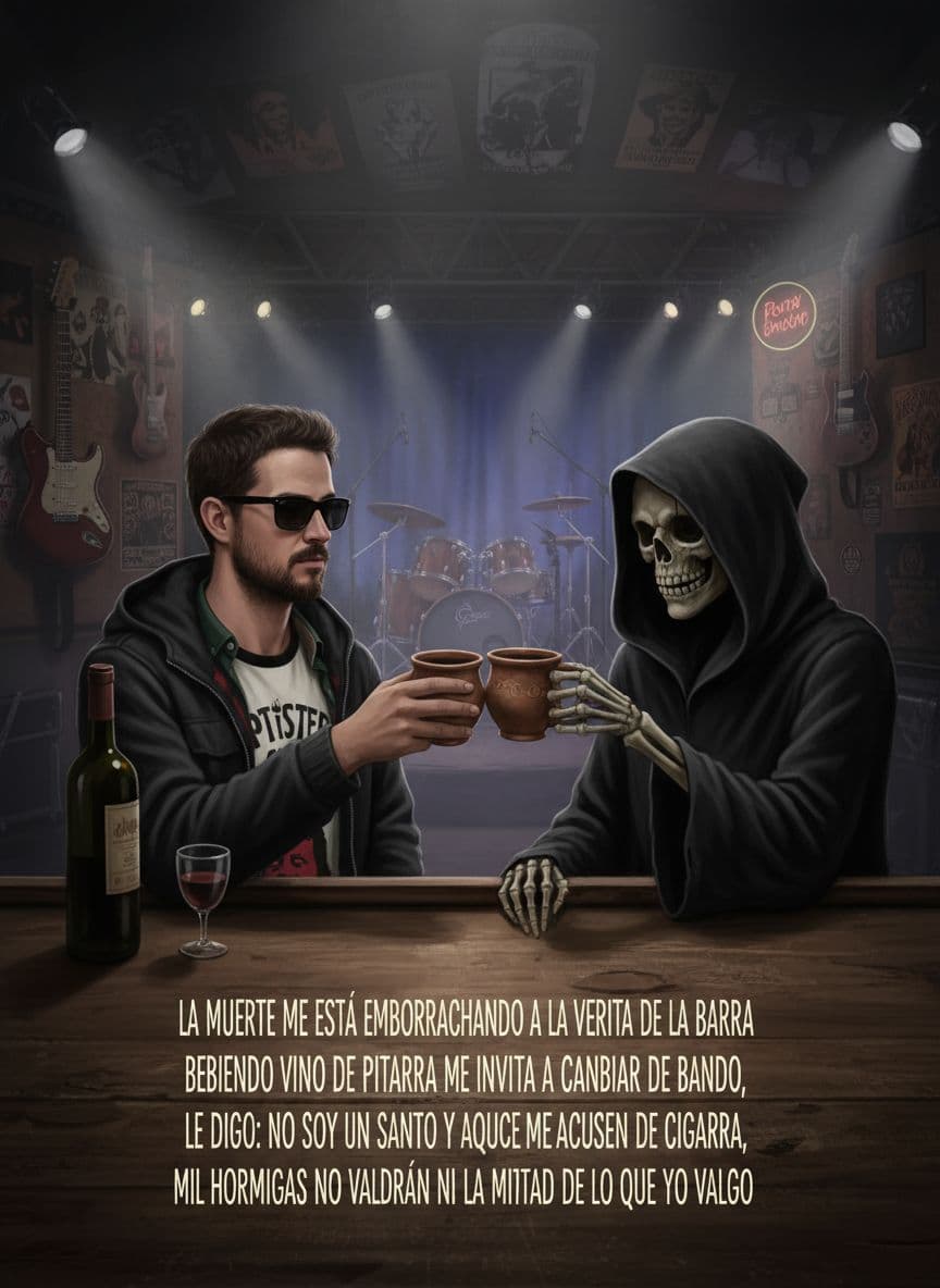 AI generated: Quiero que me des la imagen del tipo de referencia bebiendo con la muerte en un bar de rock and roll...