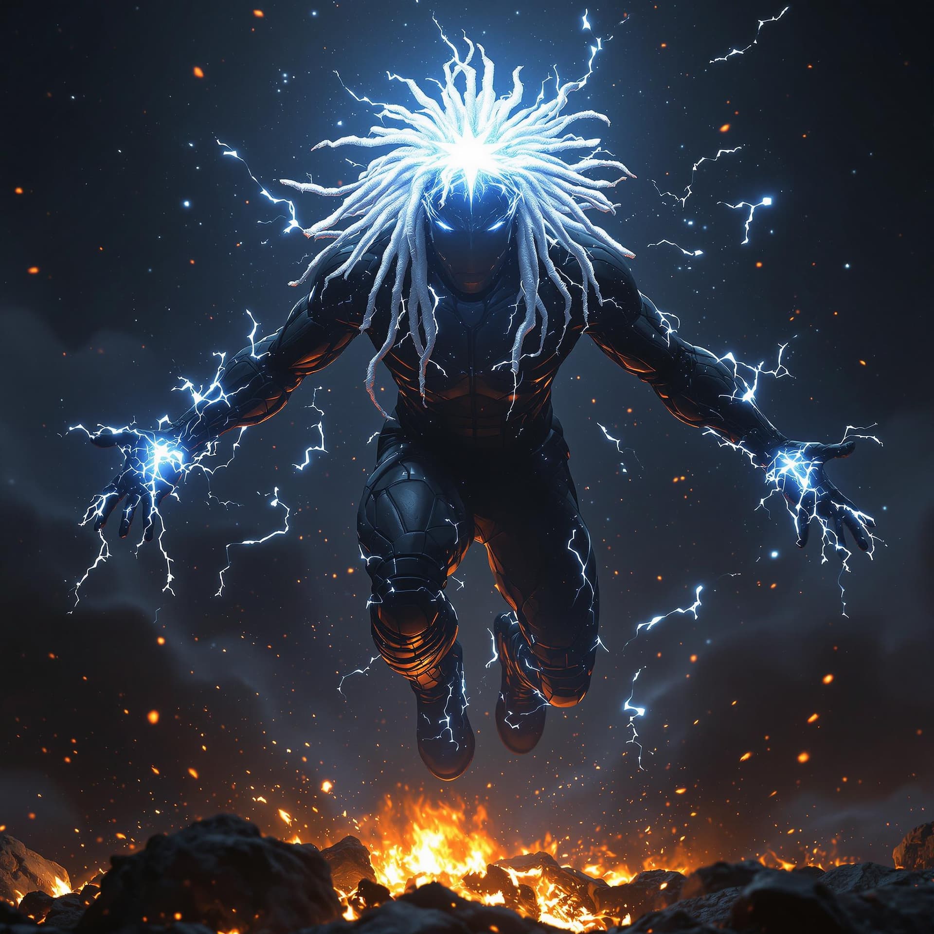 AI generated: front view of a PHOTOrealistic african american superHERO with white glowing short dreadlocks, his b...