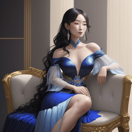 AI generated: An image of a yang lady seated with poise in a grand interior. She crosses her right leg over her le...