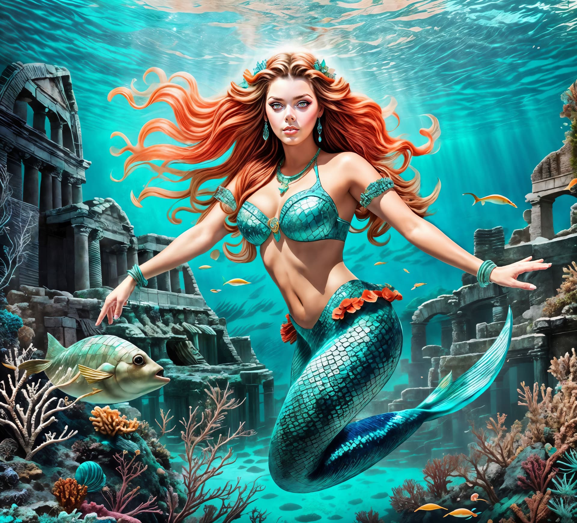 AI generated: raw photo, (underwater sunken city of Atlantis:1.0), confident woman, (long dark hair:1) <lora:myown...