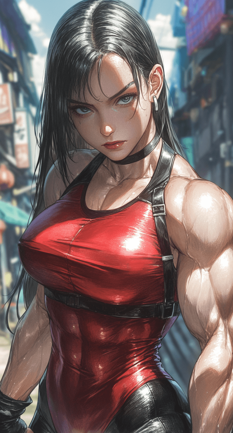 AI generated: A beautiful well-muscled woman looking slightly side on to the camera, black hair, wearing a figure-...
