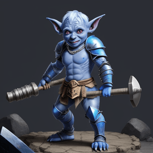 AI generated: a blue skinned 25 year old half goblin in chain armor wielding a large hammer in a  gladiator arena
