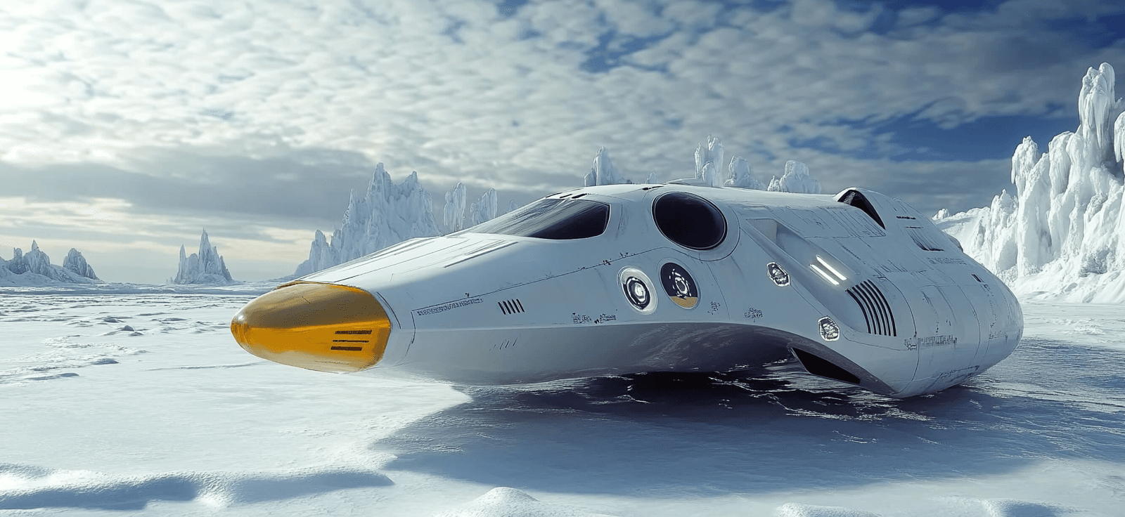 AI generated: A white and yellow futuristic spaceship landing on the surface of an icy, cinematic, and realistic s...