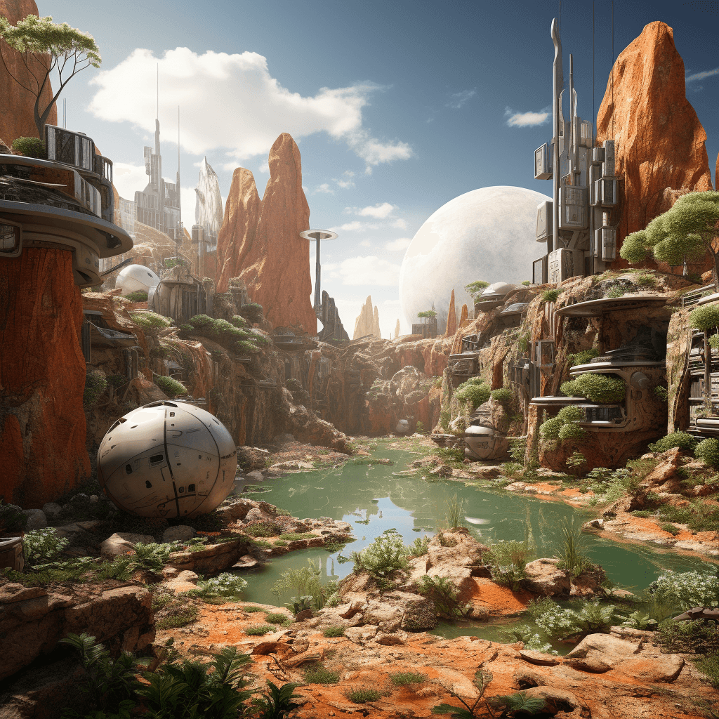 AI generated: a green city with other planets, in the style of eroded interiors, light red and orange, daz3d, aust...
