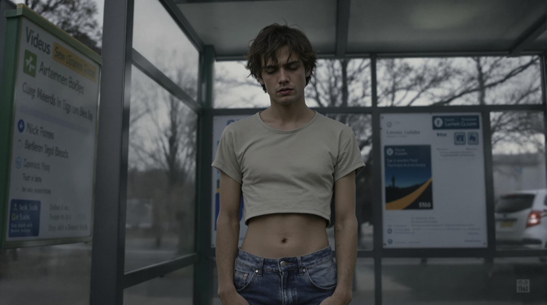 AI generated: a sad man wearing a cropped top and jeans standing in front of the bus stop, in the style of Oleg Op...