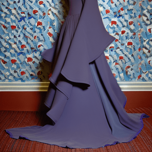 AI generated: The image is a full-length portrait of a woman in a flowing blue dress. The dress features a high ne...
