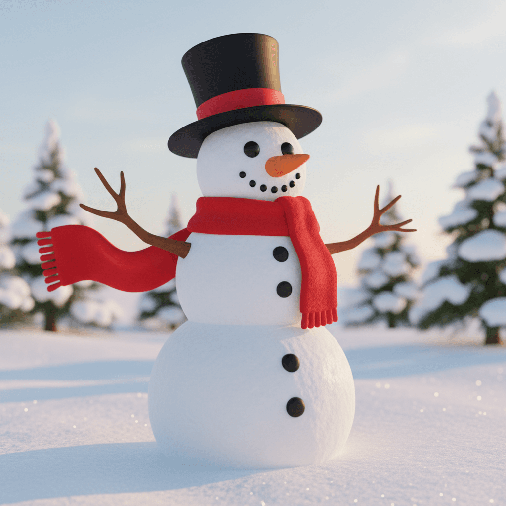 AI generated: "A cartoon-style 3D snowman with a red scarf, carrot nose, stick arms, and a top hat"
