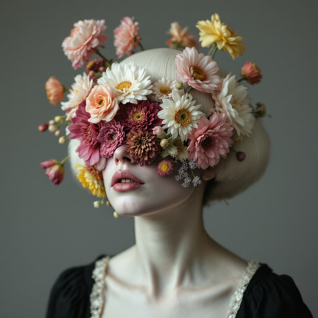 AI generated: Surrealism theme, master photography, high-end gray background, close-up of the upper body of a whit...