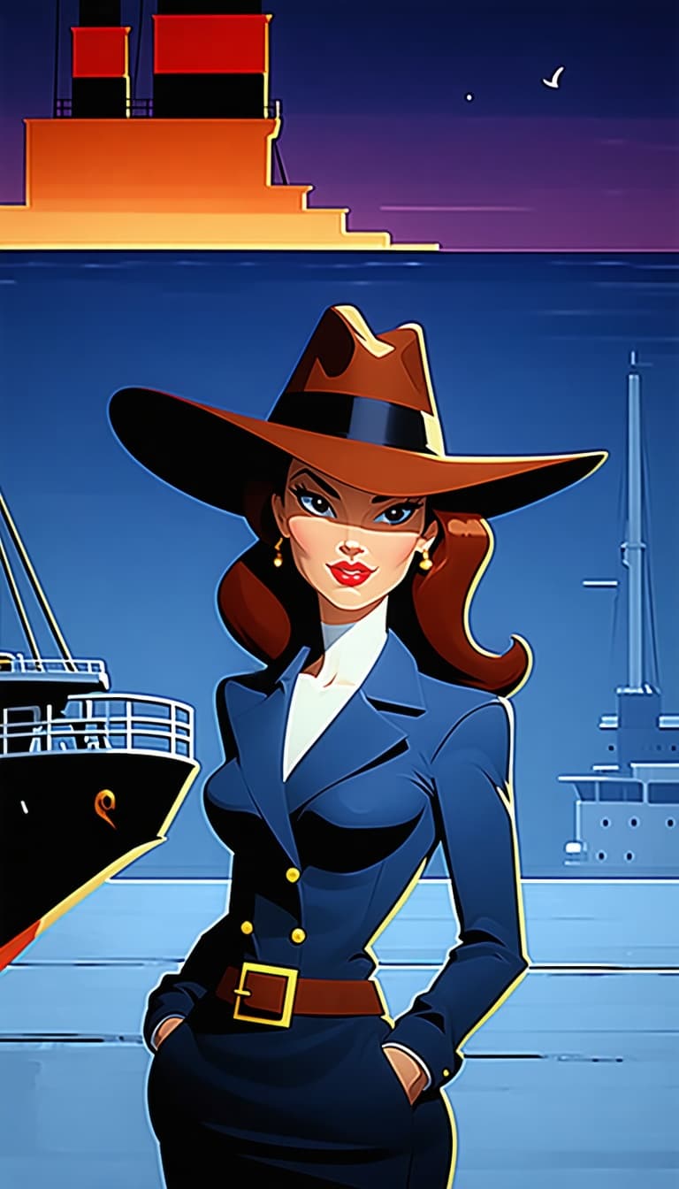 AI generated: Create a ultra high definition image of a replica of carmen sandiego on a Cargo Ship with aspects of...