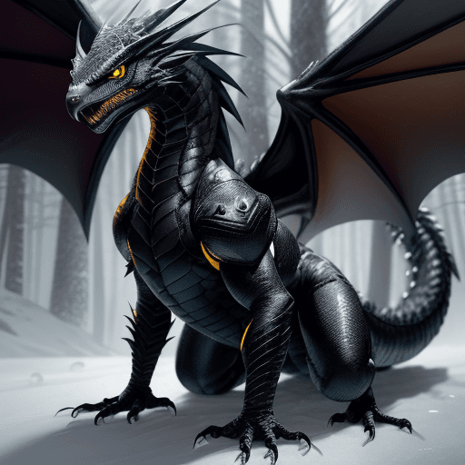 AI generated: handsome cute black dragon in snowy forest, wearing cyberpunk Venom jacket yellow, dnd character, ba...