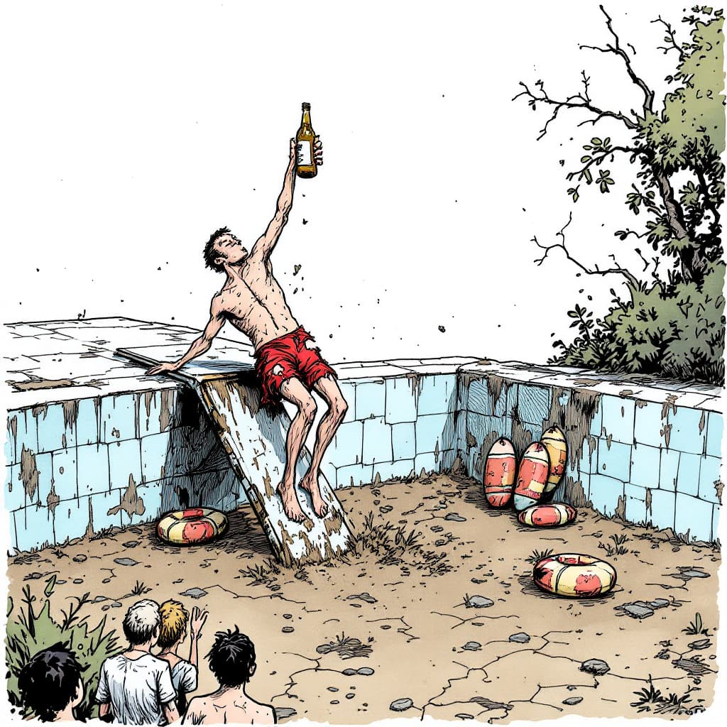 AI generated: Absurdly humorous illustration: a skinny, shirtless young man dressed in torn red swimming trunks, h...
