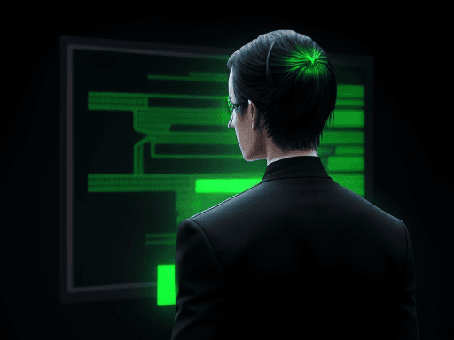 AI generated: A back of a programmer standing in front of AI technologies looking at the matrix code data hologram...