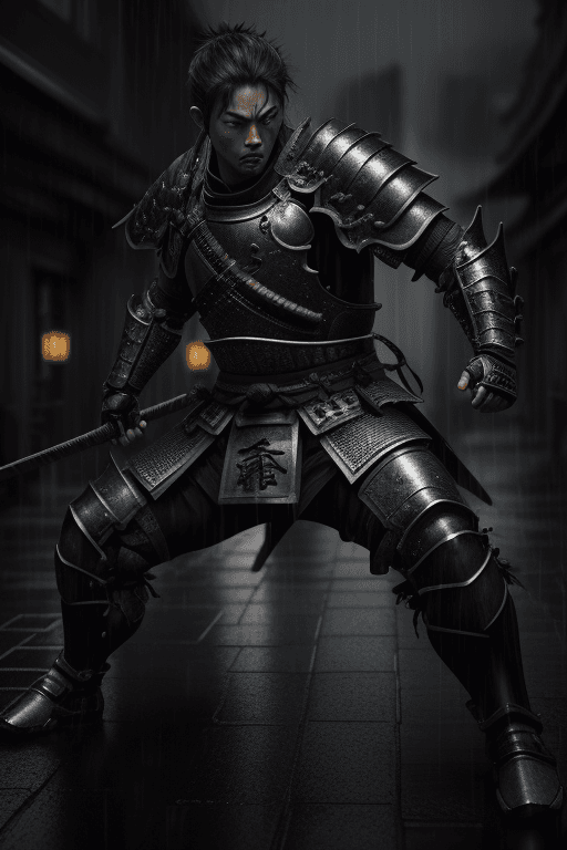 AI generated: Male fighter character with samurai ancient armor, dark ancient rainy city, dynamic pose, action sce...