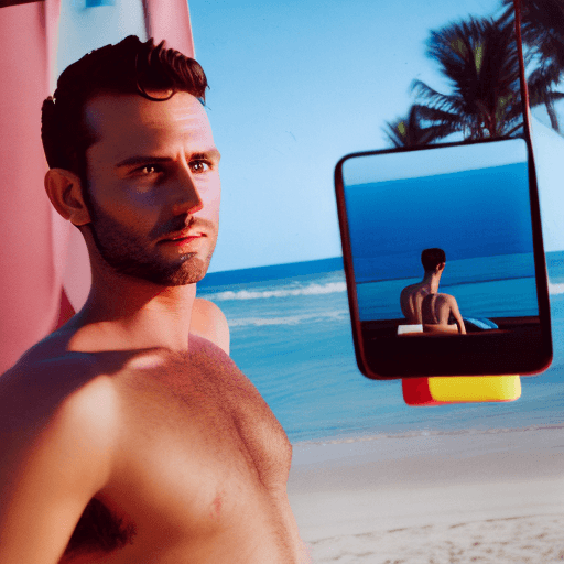 AI generated: Full angle shot, hyper-realistic photo, handsome man in beachwear, ray tracing, perfect yes, photo o...