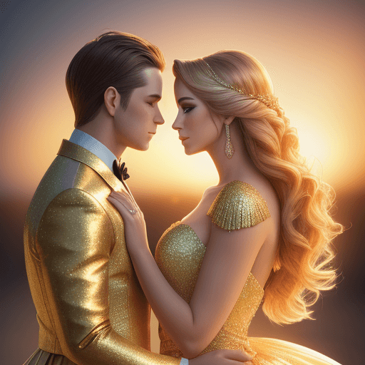 AI generated: Glam shot photo of a pretty couple side view portrait, magical dress, golden hour, digital colors, r...