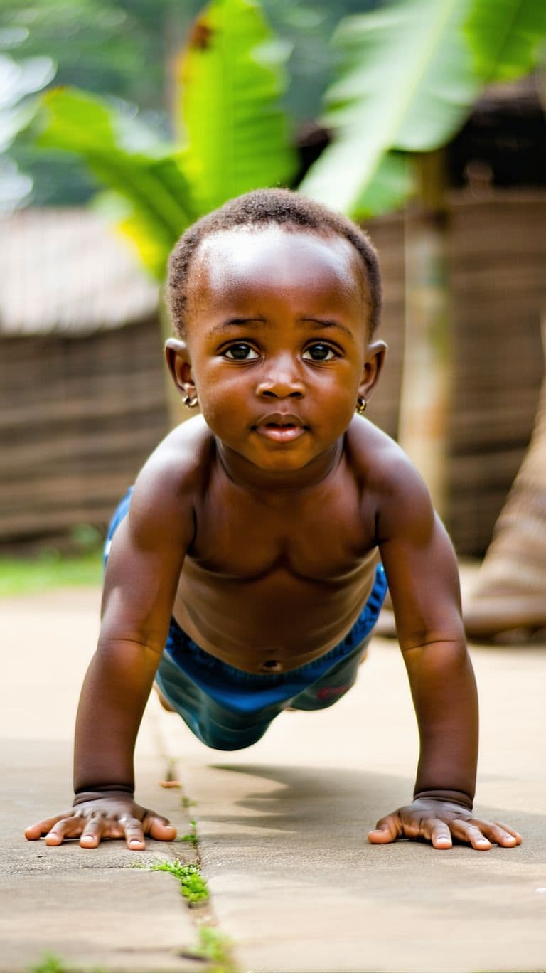 AI generated: A baby 2 years old from Africa bodybuilder doing push-up exercise while looking at camera, The envir...