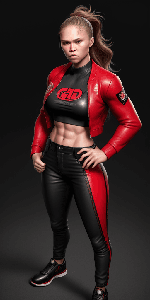 AI generated: Ronda Rousey, (red jacket:1. 4), (black pants:1. 5), (long hair:1. 4), black shoes, leather outfit, ...