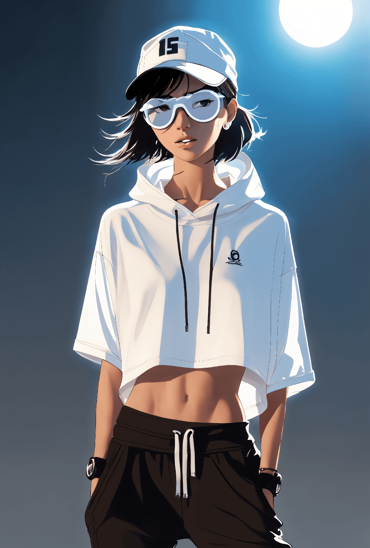 AI generated: silhouette style beautiful young, thin, fit, short messy hair, intrincate details, baggy pants, t-sh...