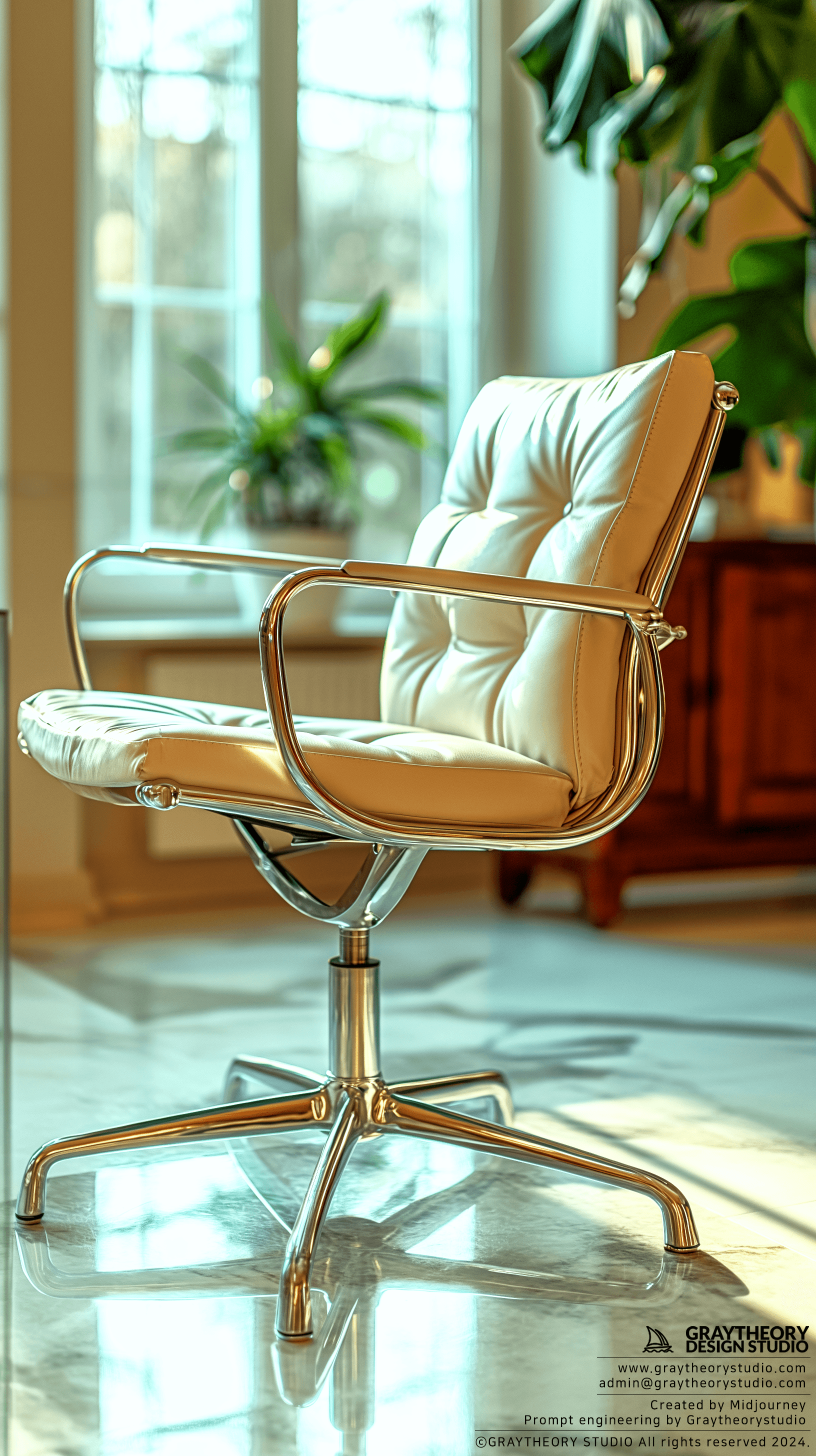 AI generated: modernism chair, steel and texture,with lighting, some plants and objet, volumetric sunlight