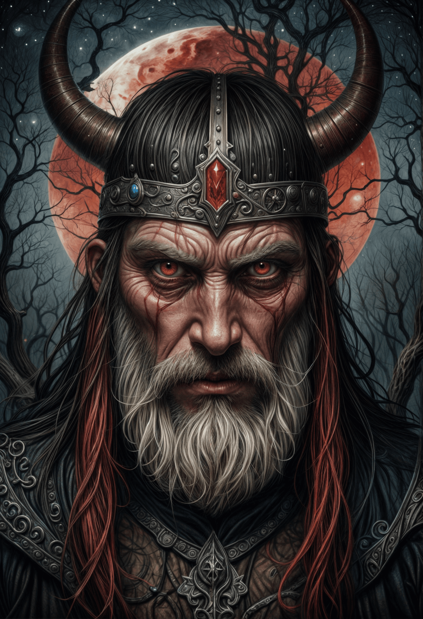 AI generated:  Dark fantasy ,creepy Andy Kehoe and Rebecca Green, caricature portrait evil man  Viking pale skin ,...