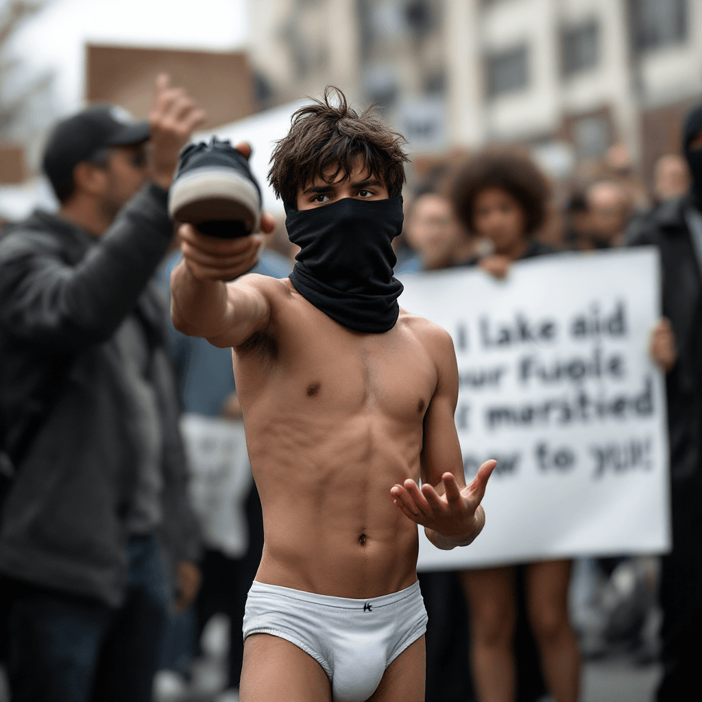 AI generated: High resolution photography of a boy, who is a black block is at a demonstration with his face cover...