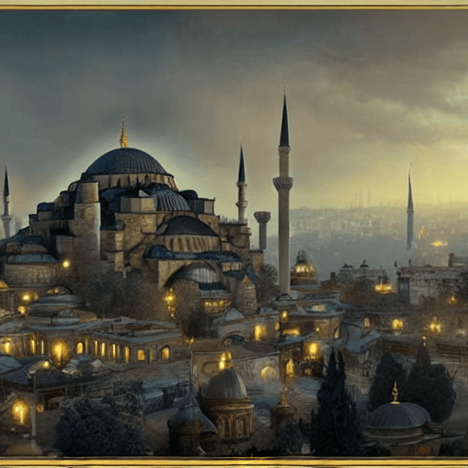 AI generated: an ultra detailed matte painting of the quaint mystical city of istanbul, fantasy city, light snowfa...