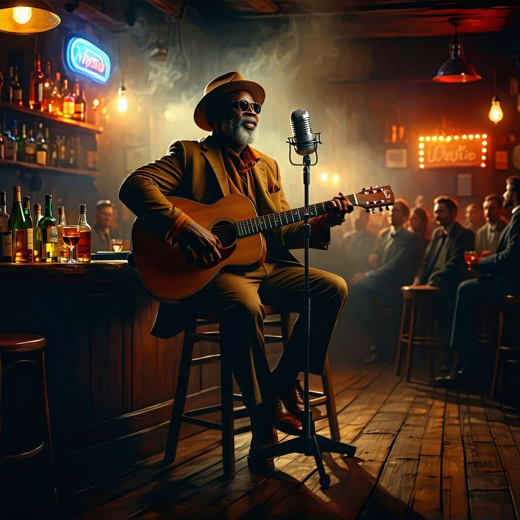 AI generated: a soulful blues singer sitting on a small wooden stage in a smoky bar, holding an acoustic guitar, v...
