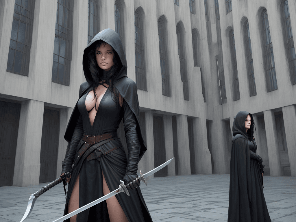AI generated: a wide-angle photograph of a woman in a hooded outfit, holding a sword and leaning against a buildin...