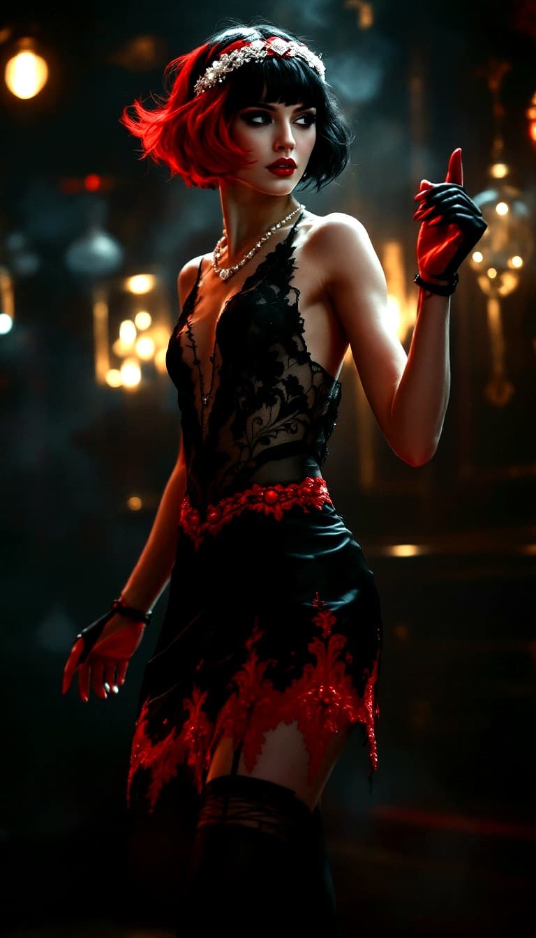 AI generated: A realistic, full body photo of a 1920's flapper female with an amazing, perfectly fit figure and pa...