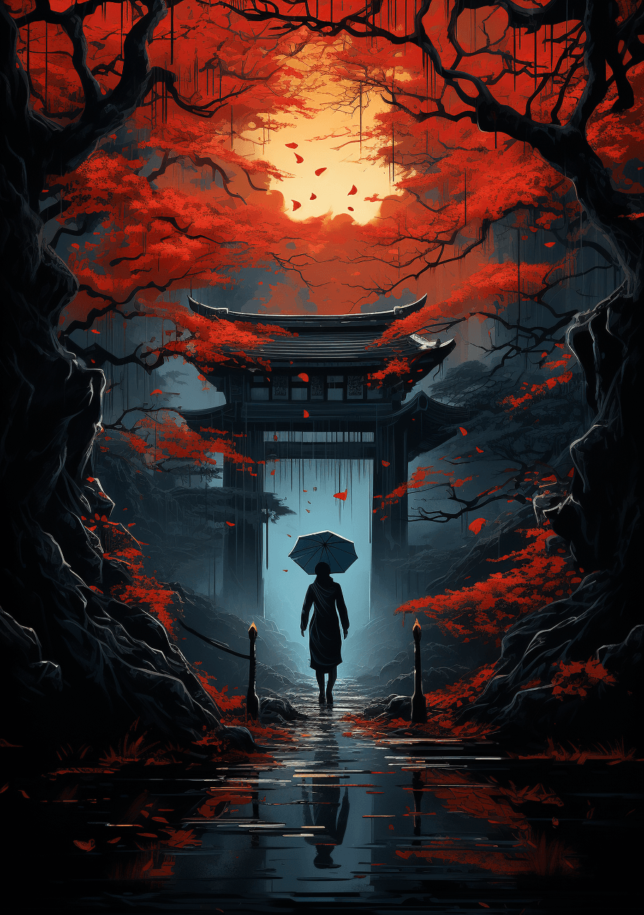 AI generated: a path that a woman is taking to enter her garden, in the style of vibrant illustrations, buddhist a...