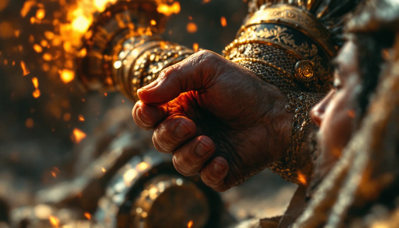 AI generated: Ultra-realistic .Close-up of Yutab’s hand passing the torch to a young warrior. [Yutab: strong Achae...