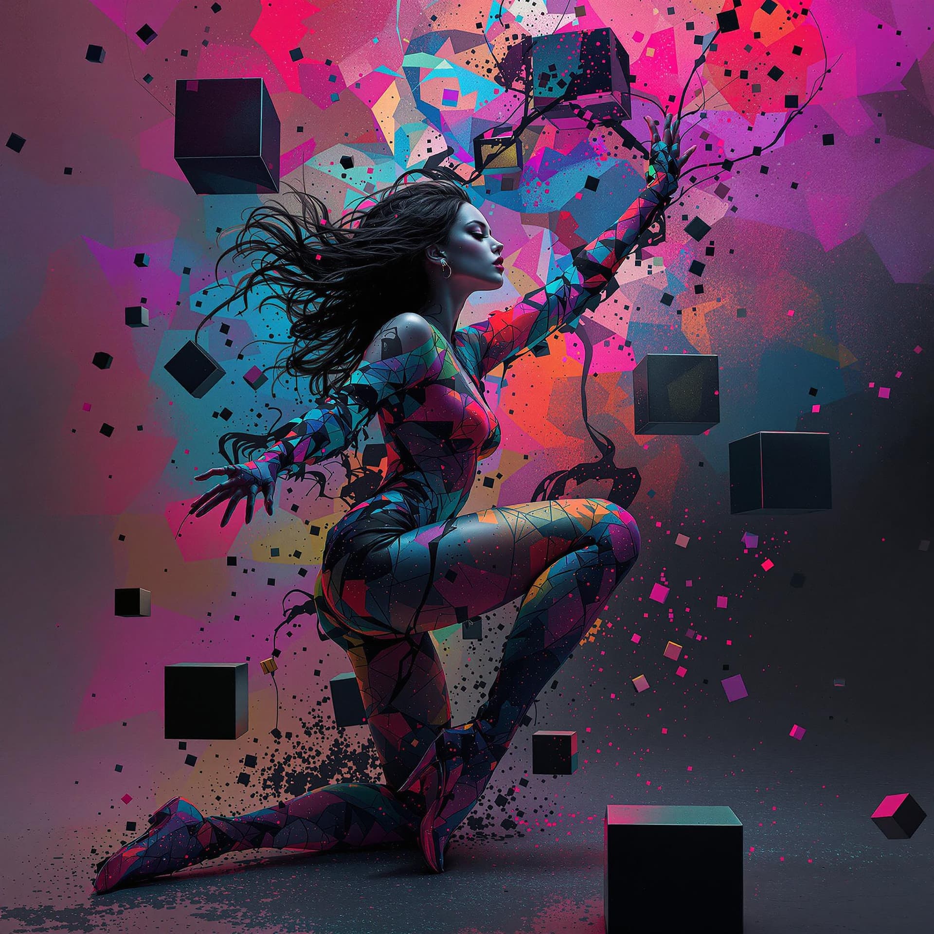 AI generated: minimalistic electro music album cover, perfect cubes, hyper detailsabstract dancing girl, colorful,...