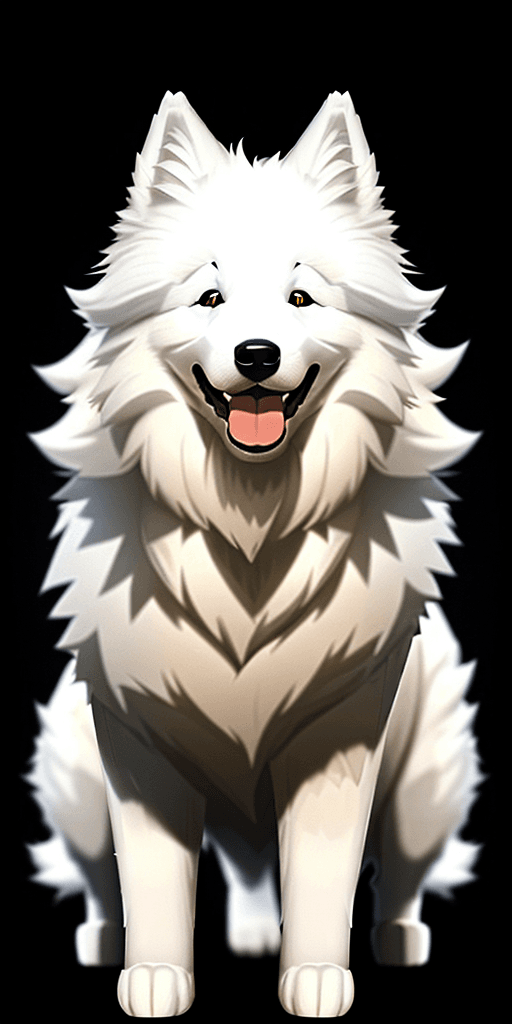 AI generated: smiling/happy white samoyed dog siting far, black background for my phone lockscreen leave some spac...