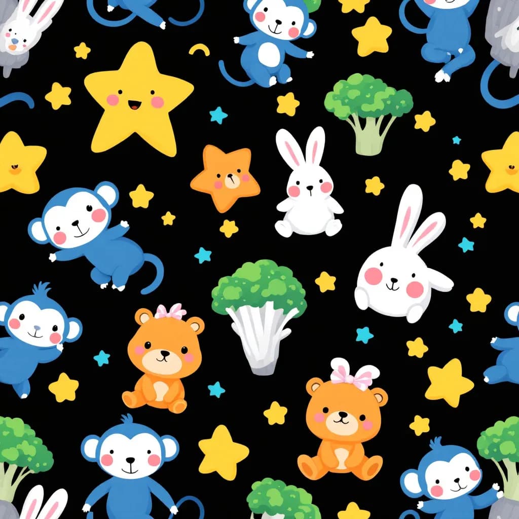 AI generated: A seamless repeating pattern featuring cute cartoon blue monkeys, smiling yellow stars, white rabbit...