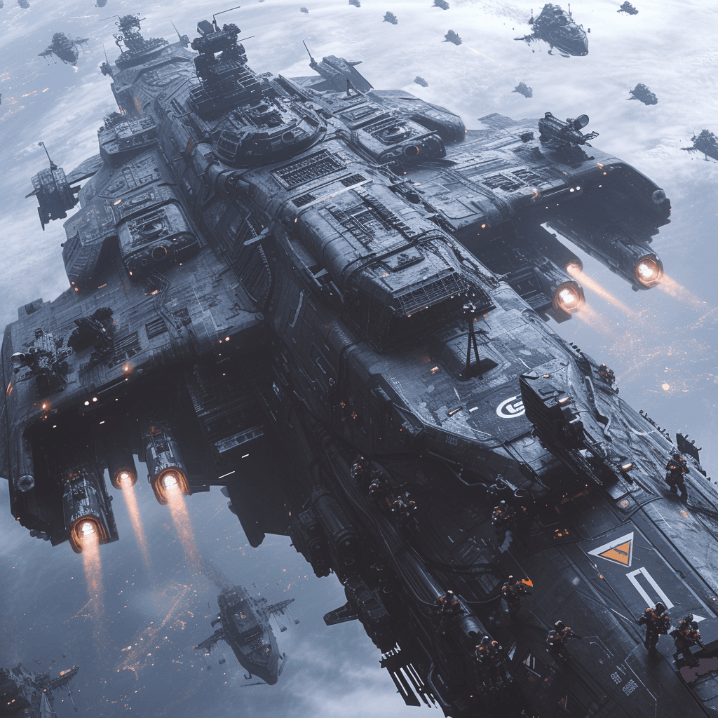 AI generated: in space, futuristic epic sci-fi, wide angle,  men and women soldiers space marines with machine gun...