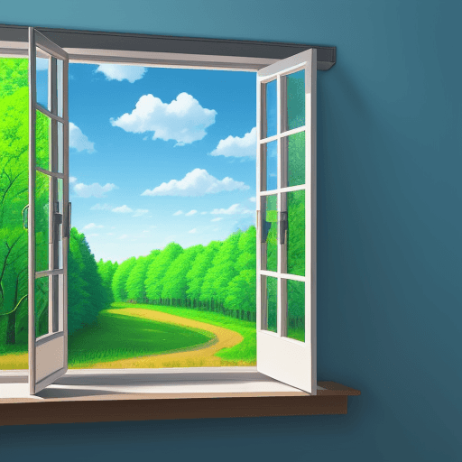 AI generated: Photo of a beautiful nature scene, bright sky , blue , trees , window, cartoon ,photo realistic 