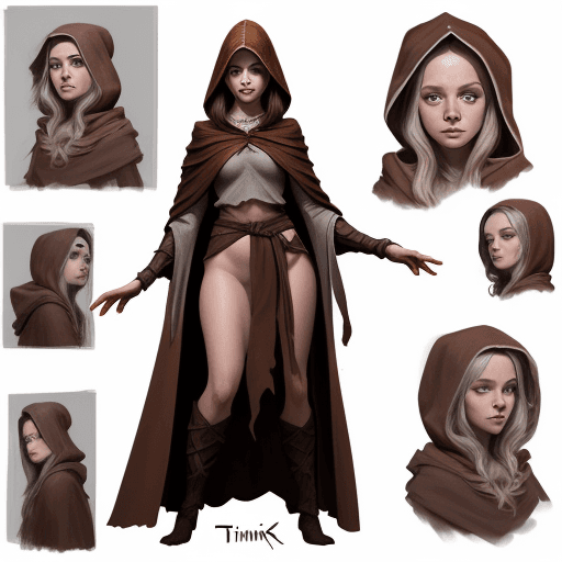 AI generated: Young beautiful Scandinavian sorceress wearing a brown robe with a hood over her head, head and body...