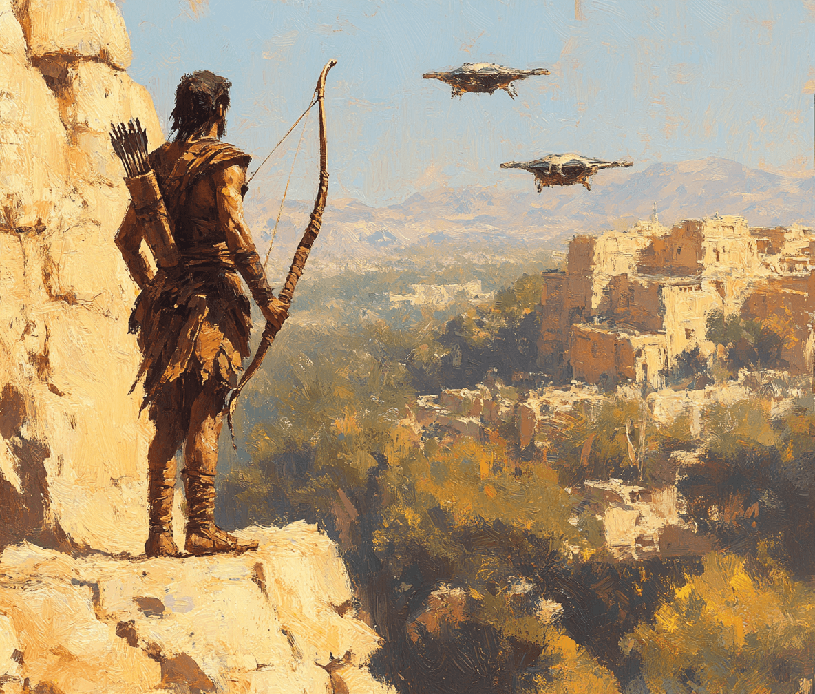 AI generated: A figure stands on the edge of an ancient cliff, holding up their longbow to observe two small flyin...
